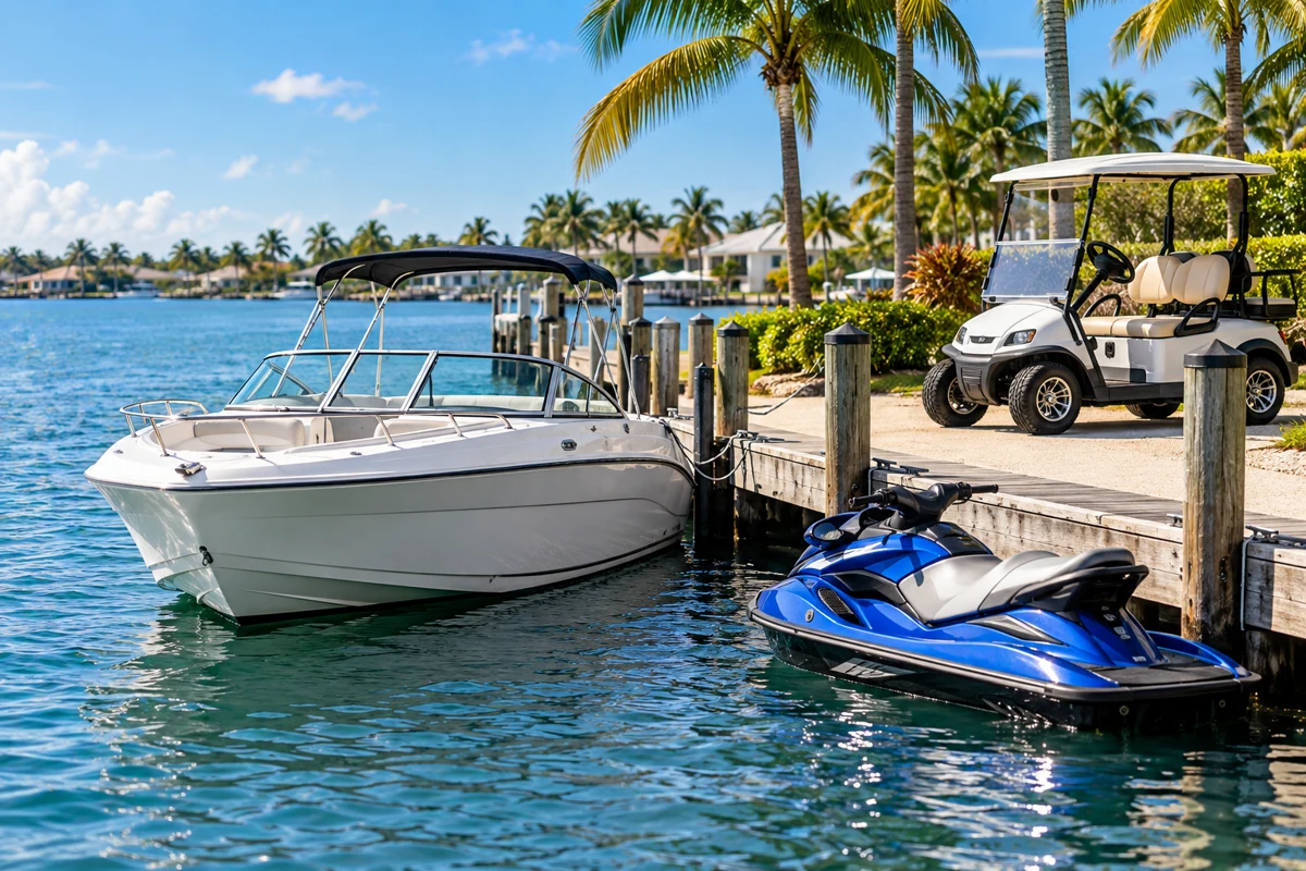 Motorboat, jet ski and golf cart at a sunny Florida marina