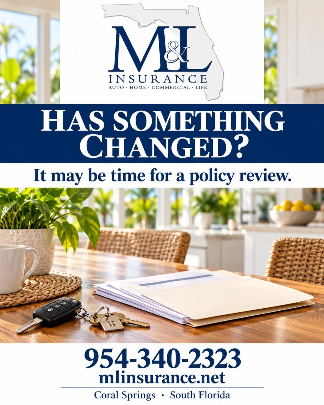 Insurance papers, house keys and car keys on a bright South Florida kitchen table with M&L Insurance logo and policy review message.
